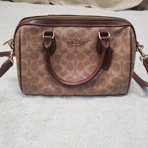 Coach Rowan Satchel Brown Cream Tan Classic Logo Canvas Shoulder‎ Bag CV961